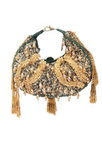 Green beaded floral mirror work clutch bag with handcrafted detailing and suede lining for wedding and festive wear