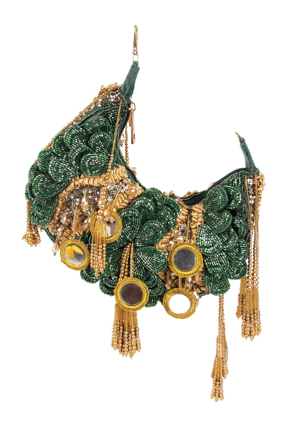 Green beaded floral mirror work clutch bag with handcrafted detailing and suede lining for wedding and festive wear