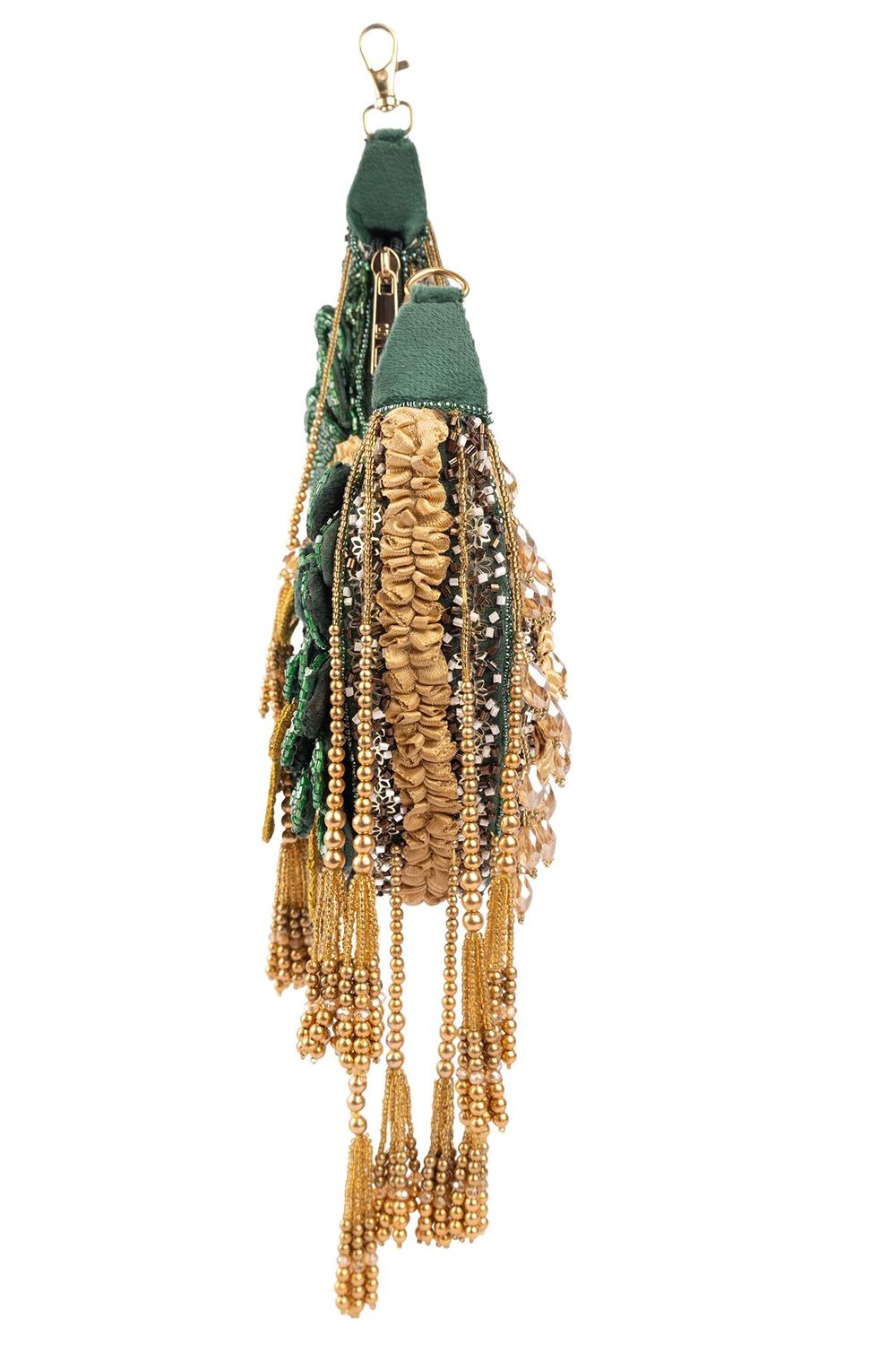 Green beaded floral mirror work clutch bag with handcrafted detailing and suede lining for wedding and festive wear