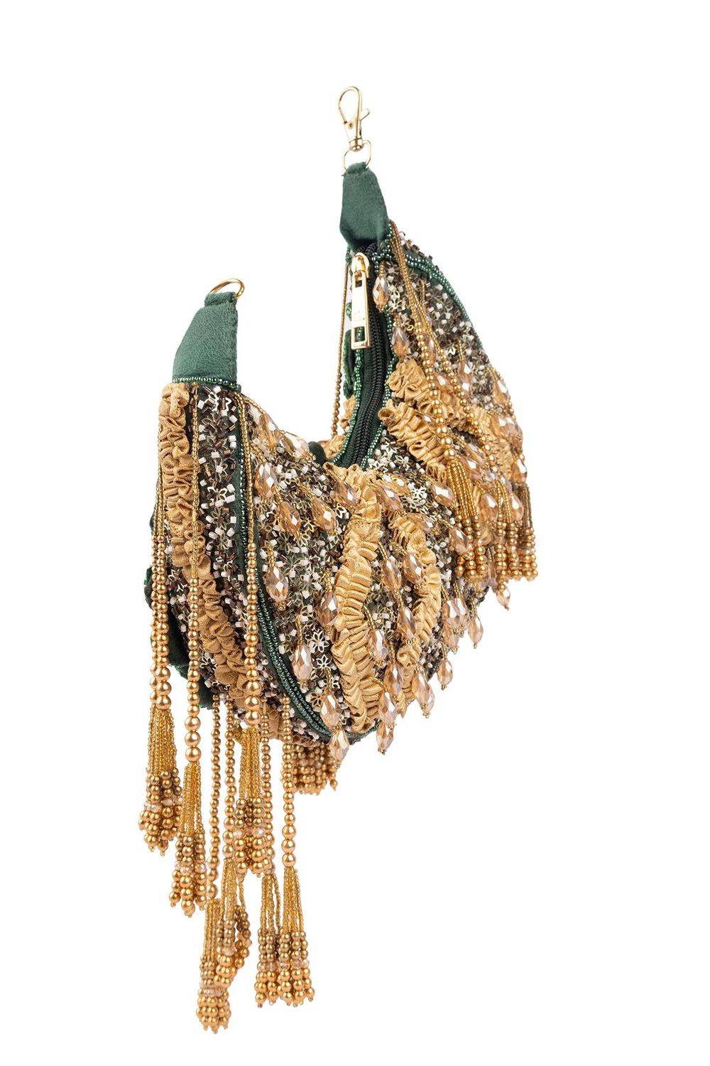 Green beaded floral mirror work clutch bag with handcrafted detailing and suede lining for wedding and festive wear