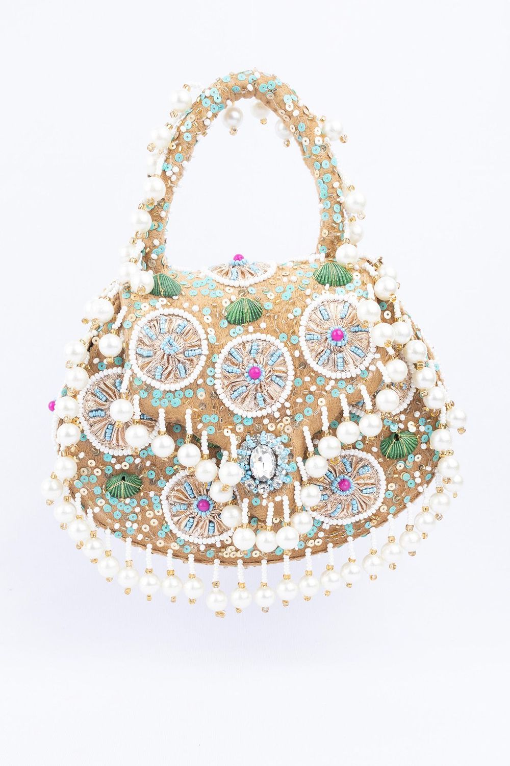 Beige handcrafted potli bag with beads sequins zari embroidery and pearl detailing with chain strap for wedding and festive wear