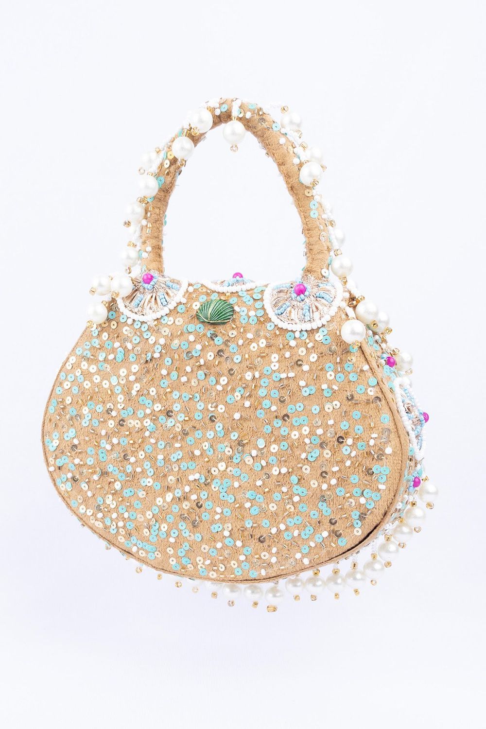 Beige handcrafted potli bag with beads sequins zari embroidery and pearl detailing with chain strap for wedding and festive wear