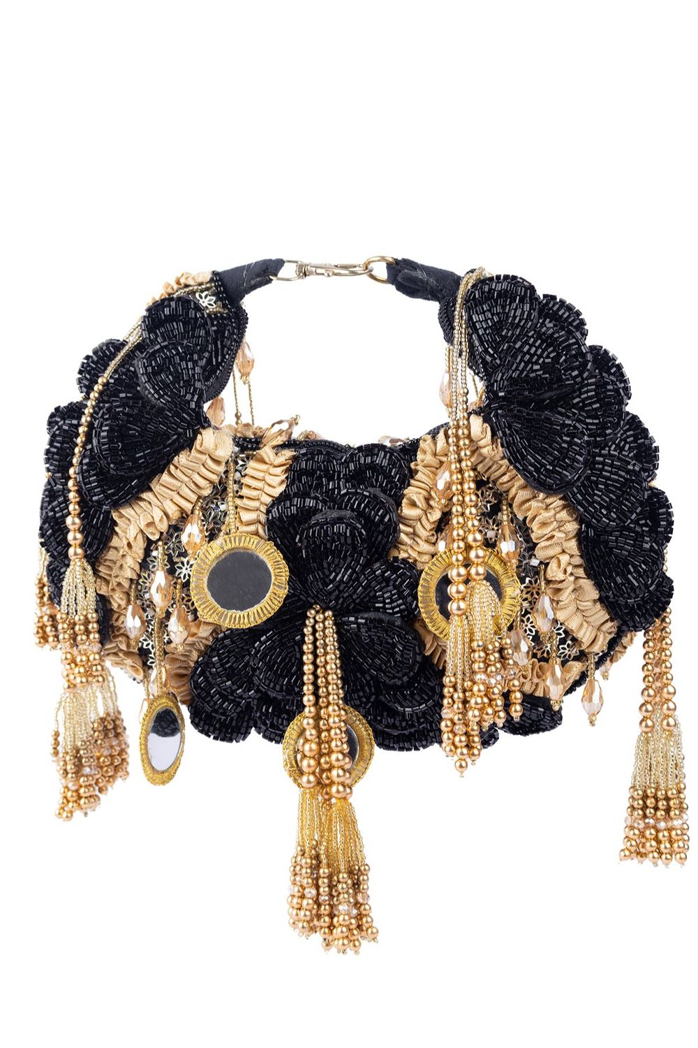Black beaded floral mirror work clutch bag with handcrafted detailing and suede lining for wedding and festive wear