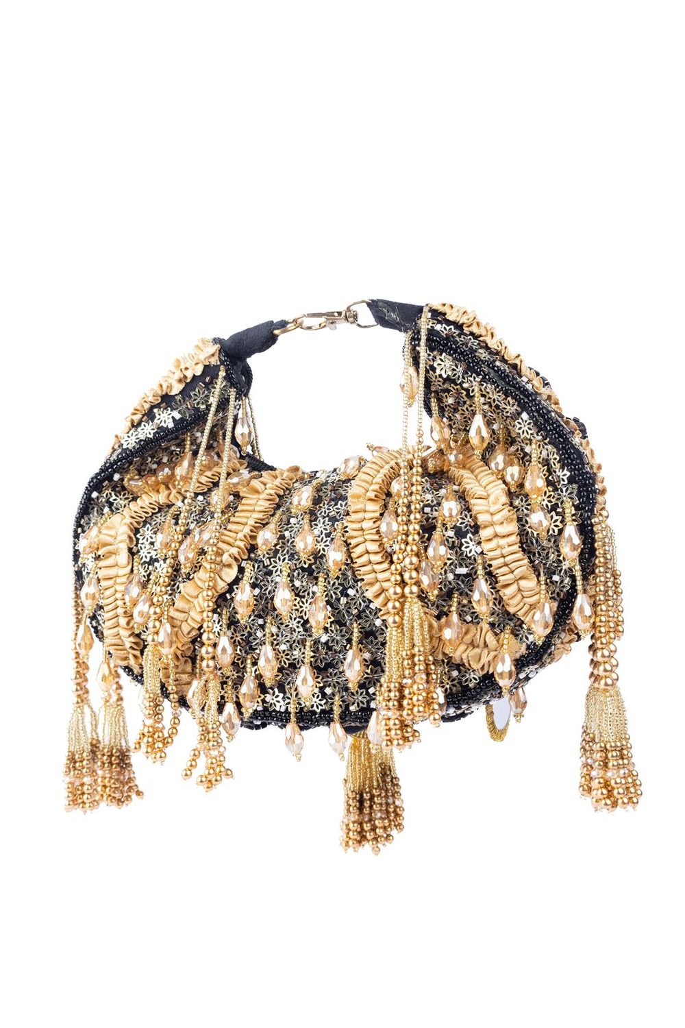 Black beaded floral mirror work clutch bag with handcrafted detailing and suede lining for wedding and festive wear