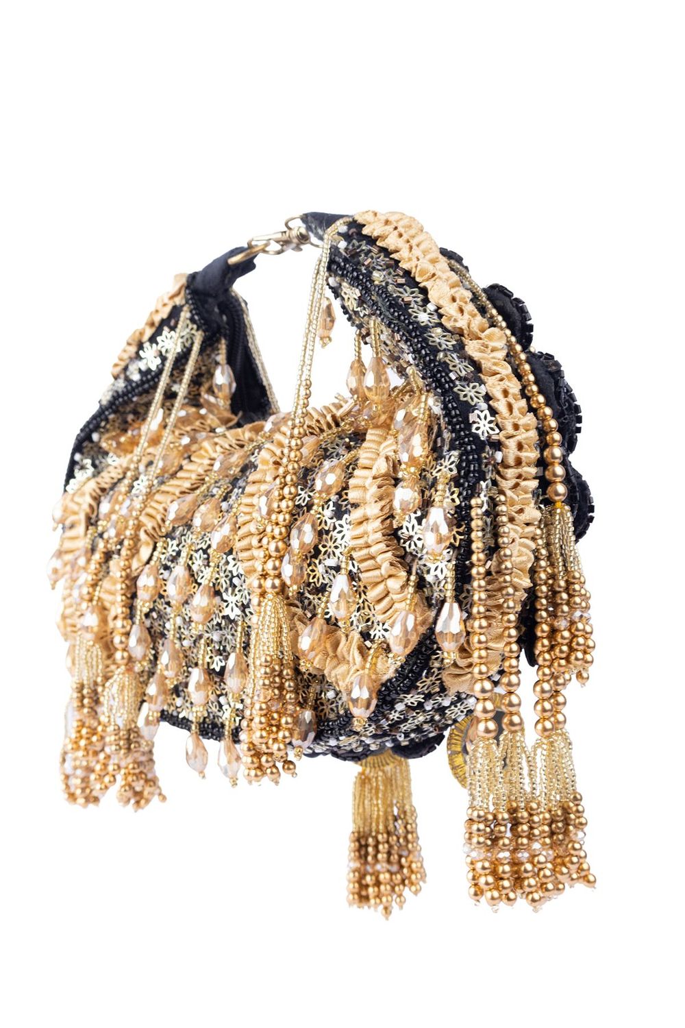 Black beaded floral mirror work clutch bag with handcrafted detailing and suede lining for wedding and festive wear