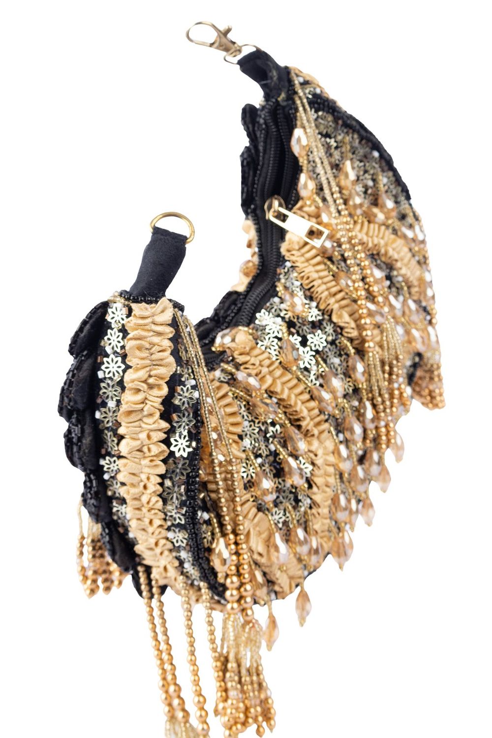Black beaded floral mirror work clutch bag with handcrafted detailing and suede lining for wedding and festive wear