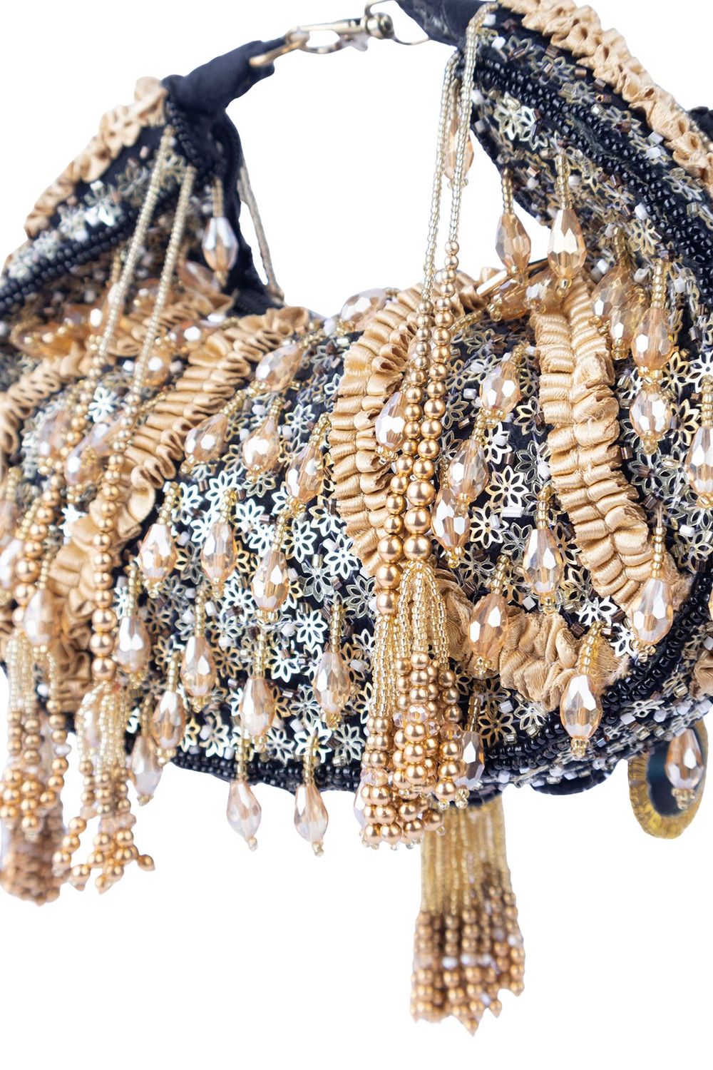 Black beaded floral mirror work clutch bag with handcrafted detailing and suede lining for wedding and festive wear