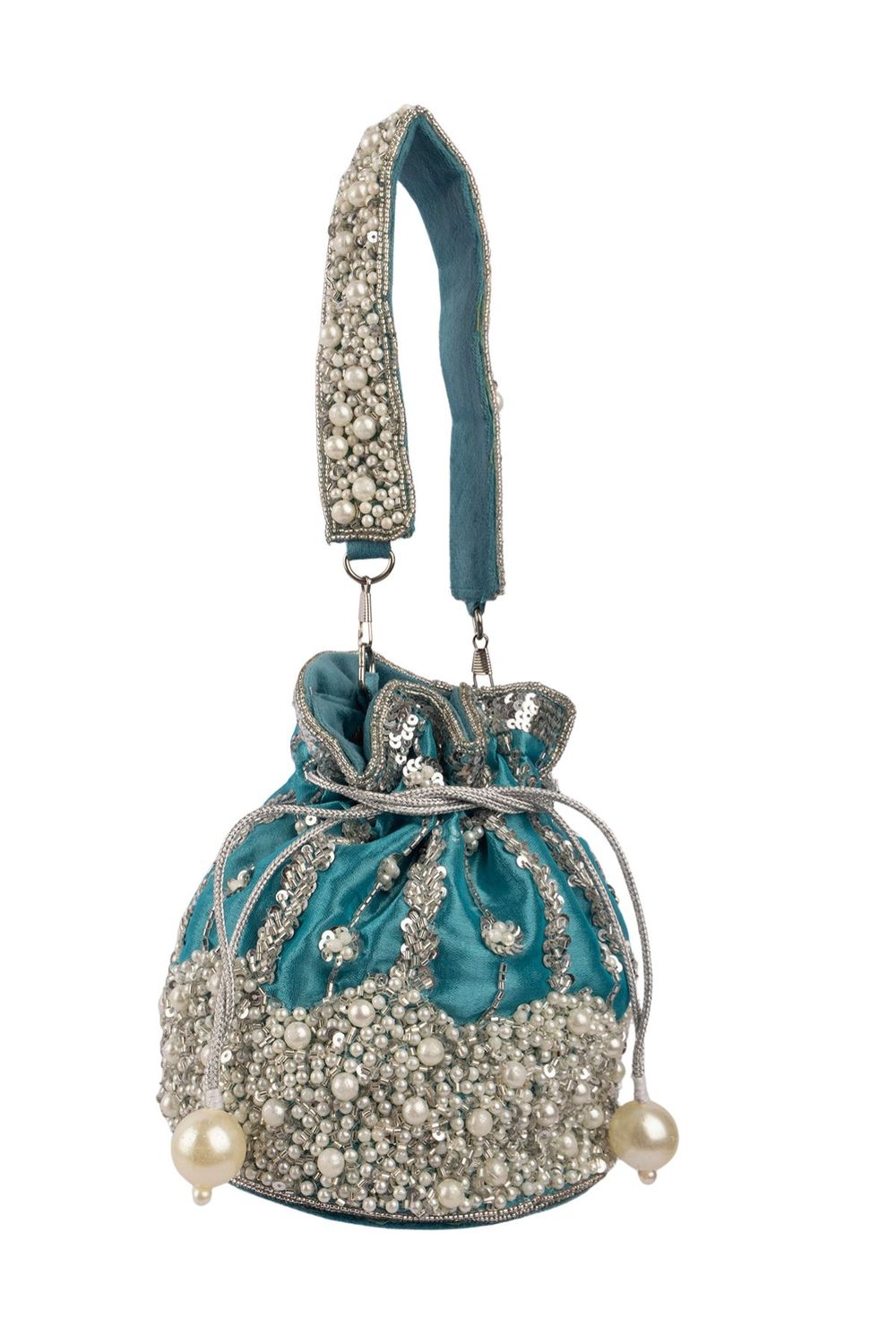 Blue raw silk potli bag with sequins cutdana and pearl embellishments with tassel for wedding and festive wear