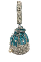 Blue raw silk potli bag with sequins cutdana and pearl embellishments with tassel for wedding and festive wear
