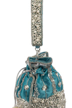 Blue raw silk potli bag with sequins cutdana and pearl embellishments with tassel for wedding and festive wear
