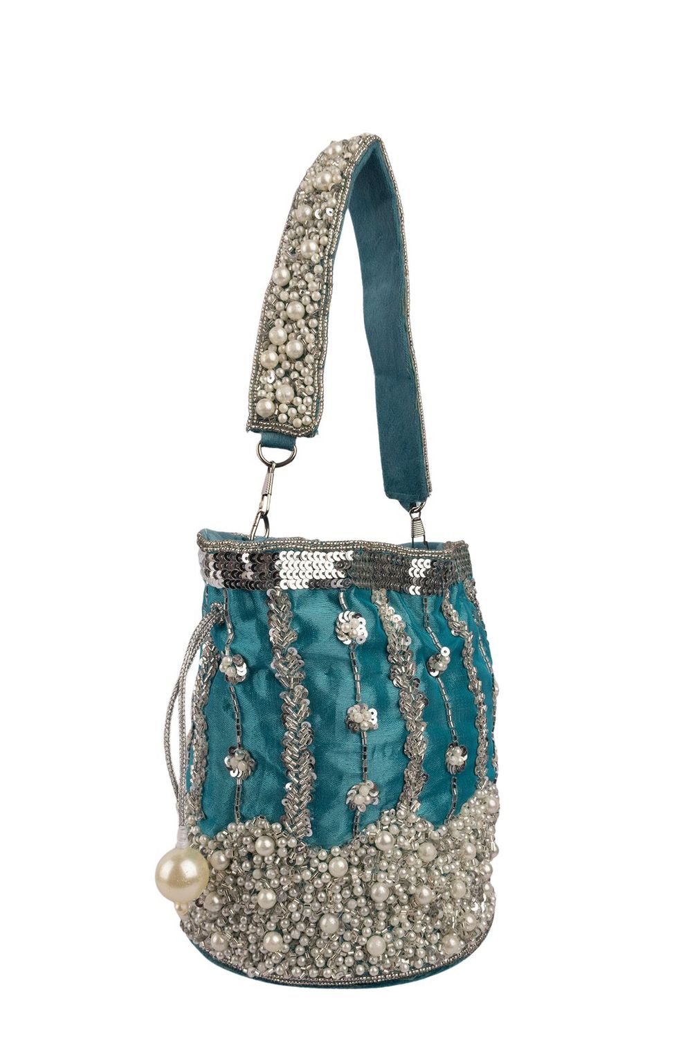 Blue raw silk potli bag with sequins cutdana and pearl embellishments with tassel for wedding and festive wear
