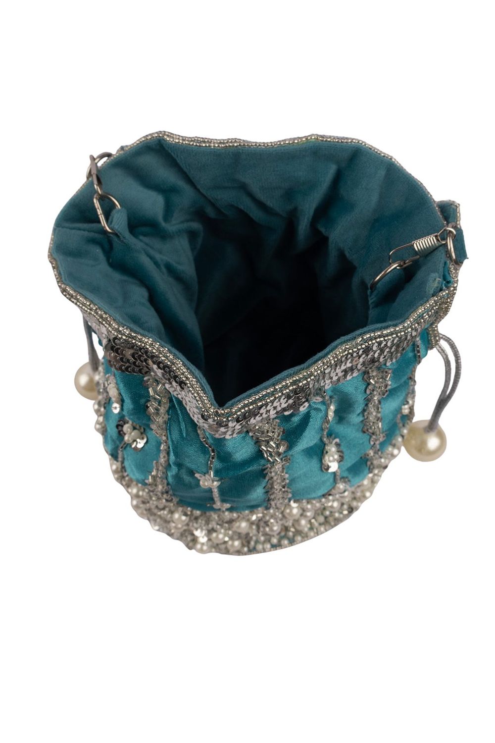 Blue raw silk potli bag with sequins cutdana and pearl embellishments with tassel for wedding and festive wear