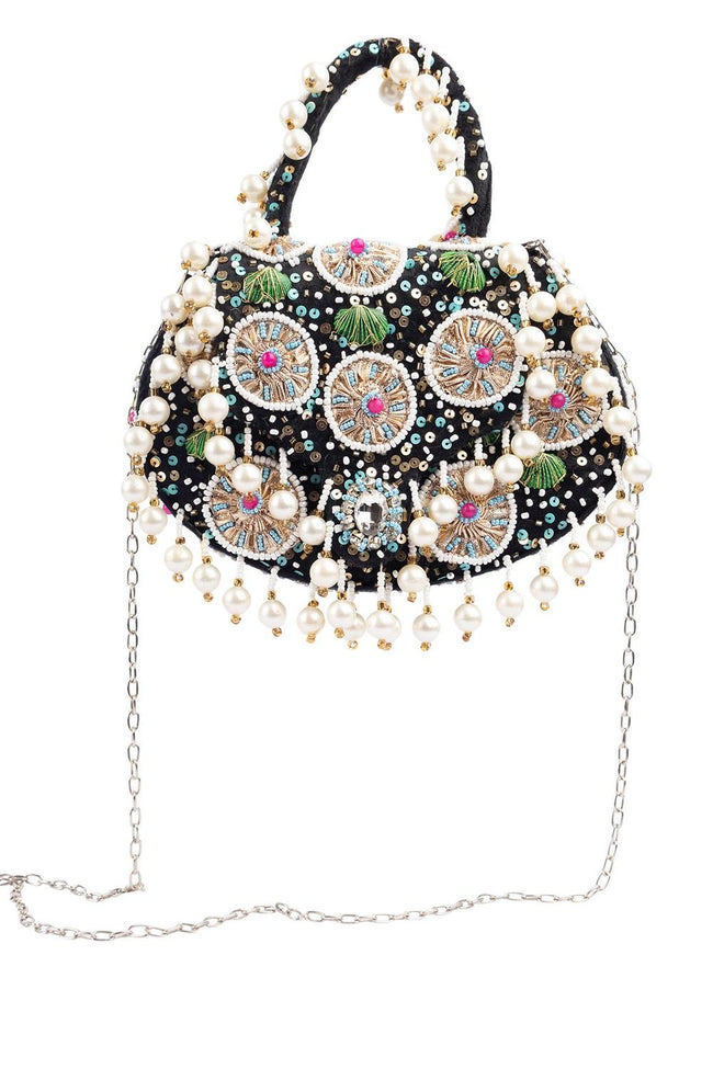 Black handcrafted potli bag with beads, sequins, zari embroidery and pearl detailing with chain strap for wedding and festive wear Hover Image