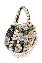 Black handcrafted potli bag with beads, sequins, zari embroidery and pearl detailing with chain strap for wedding and festive wear