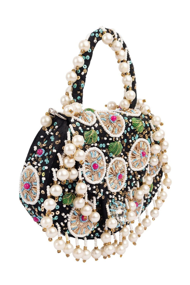 Eeth Black Sequin Beads & Pearl Accents Clutch Bag Main Image