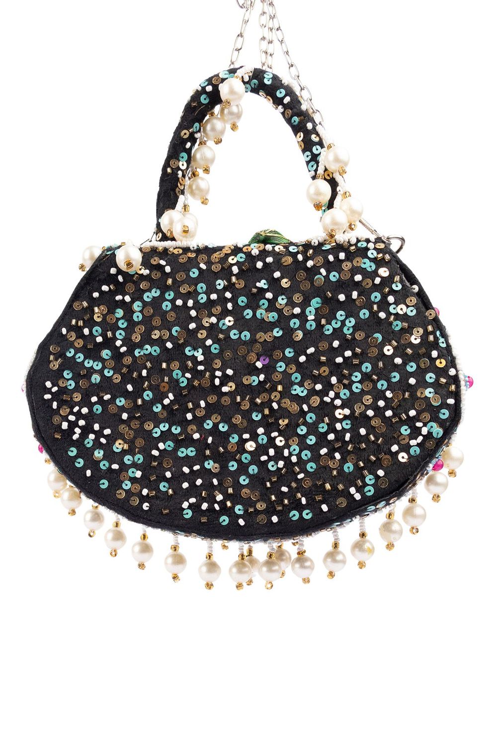 Black handcrafted potli bag with beads, sequins, zari embroidery and pearl detailing with chain strap for wedding and festive wear