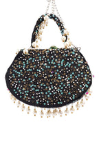 Black handcrafted potli bag with beads, sequins, zari embroidery and pearl detailing with chain strap for wedding and festive wear