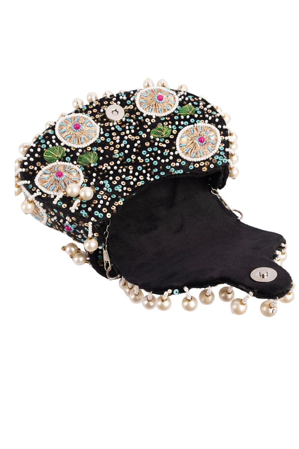 Black handcrafted potli bag with beads, sequins, zari embroidery and pearl detailing with chain strap for wedding and festive wear