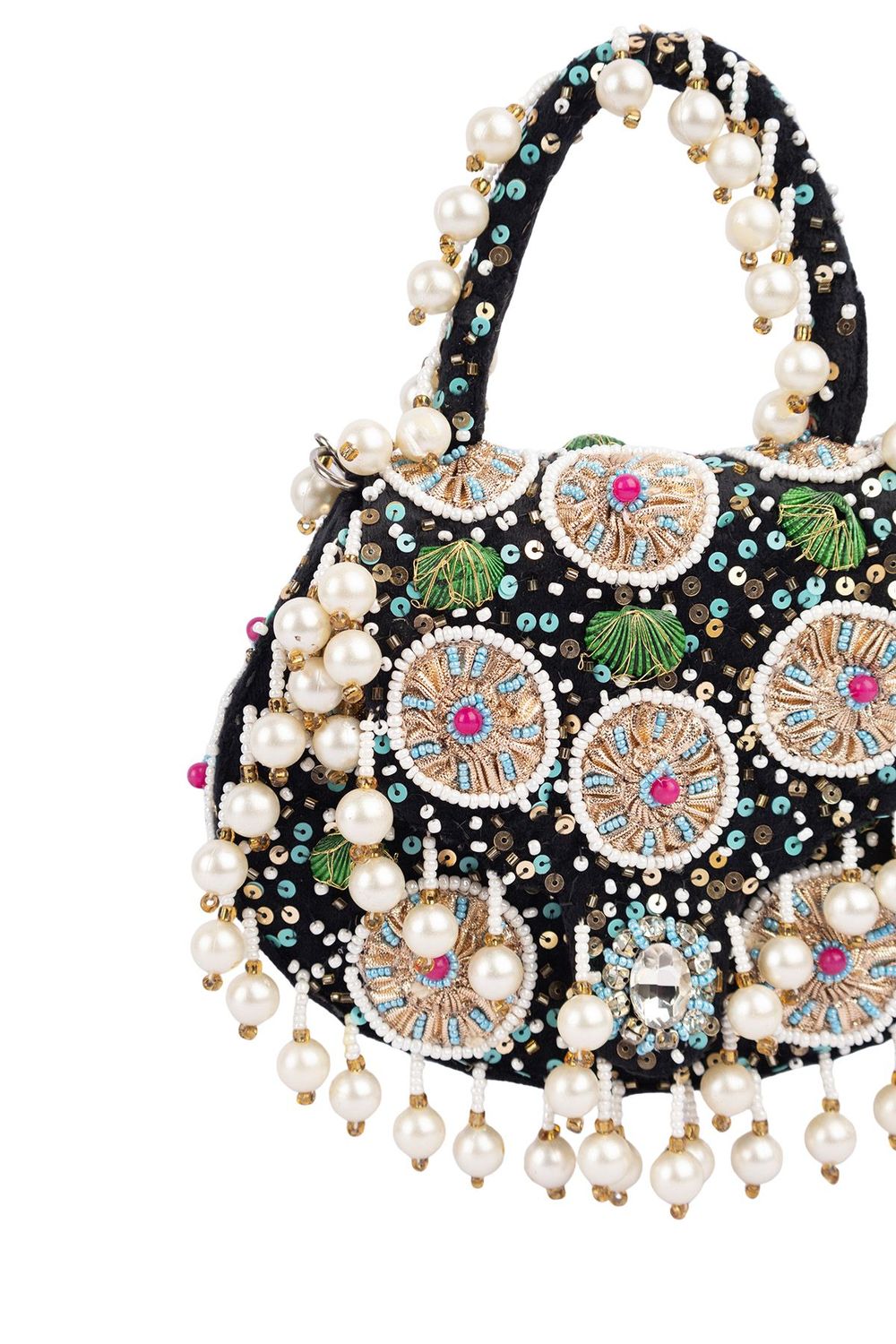 Black handcrafted potli bag with beads, sequins, zari embroidery and pearl detailing with chain strap for wedding and festive wear