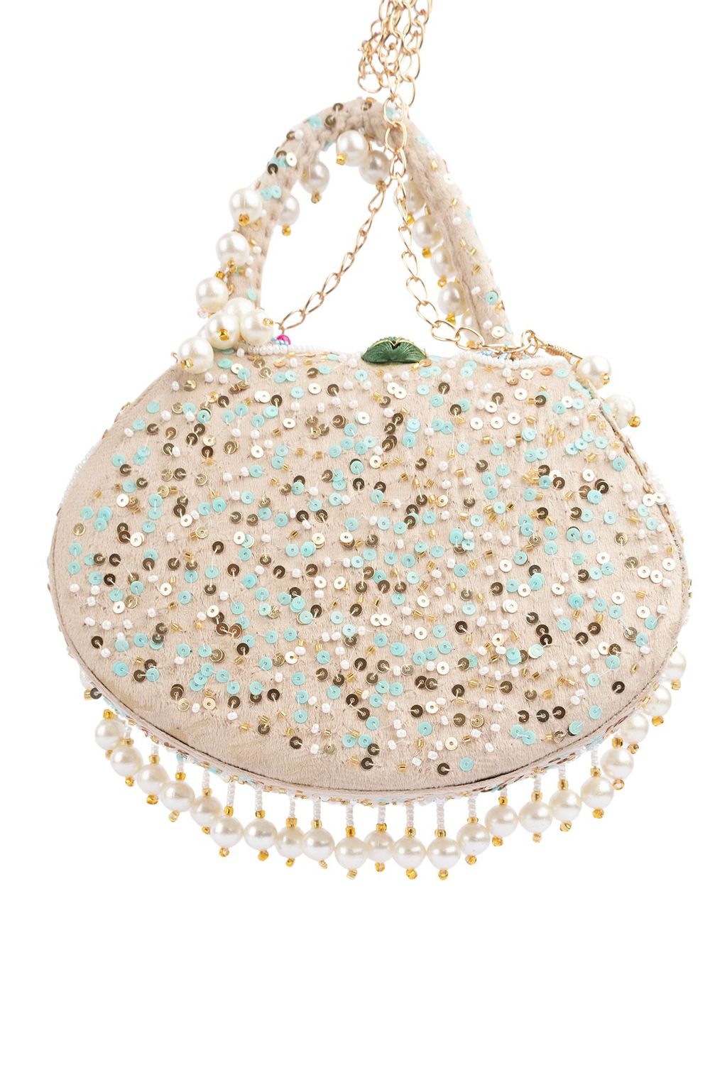 Ivory off-white handcrafted potli bag with beads zari pearl and sequin embroidery with chain strap for wedding and bridal wear