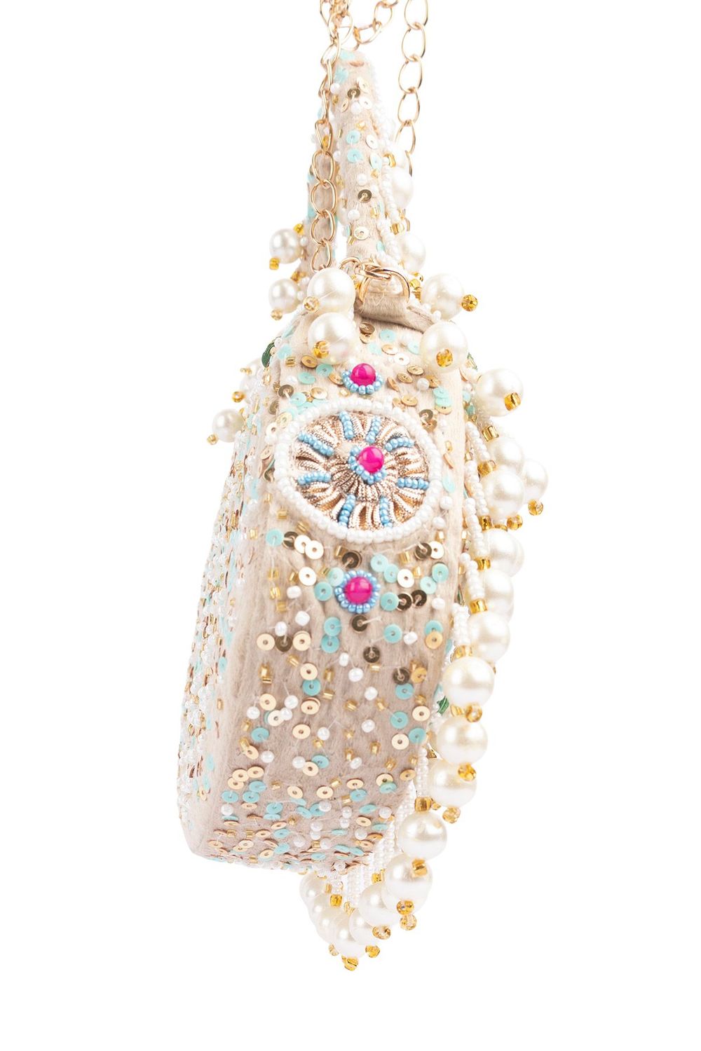 Ivory off-white handcrafted potli bag with beads zari pearl and sequin embroidery with chain strap for wedding and bridal wear