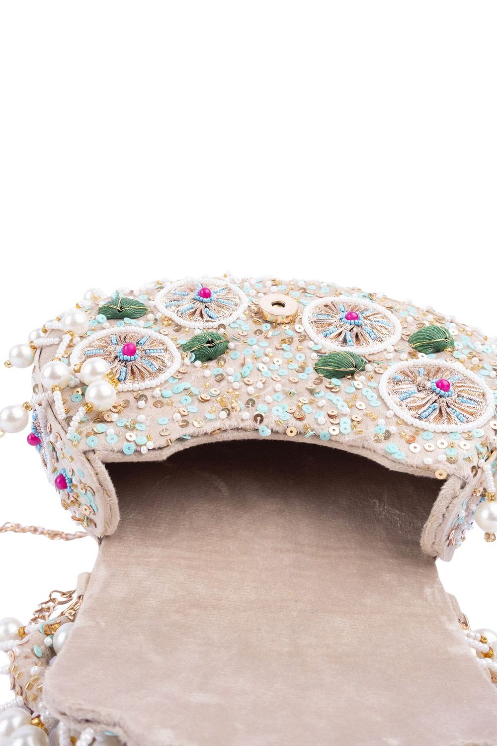Ivory off-white handcrafted potli bag with beads zari pearl and sequin embroidery with chain strap for wedding and bridal wear