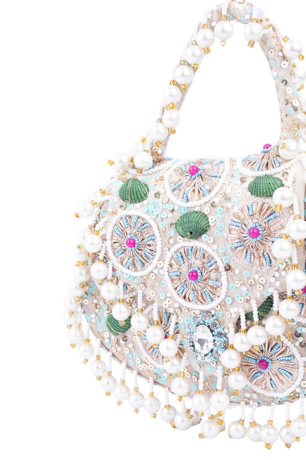 Ivory off-white handcrafted potli bag with beads zari pearl and sequin embroidery with chain strap for wedding and bridal wear