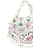 Ivory off-white handcrafted potli bag with beads zari pearl and sequin embroidery with chain strap for wedding and bridal wear