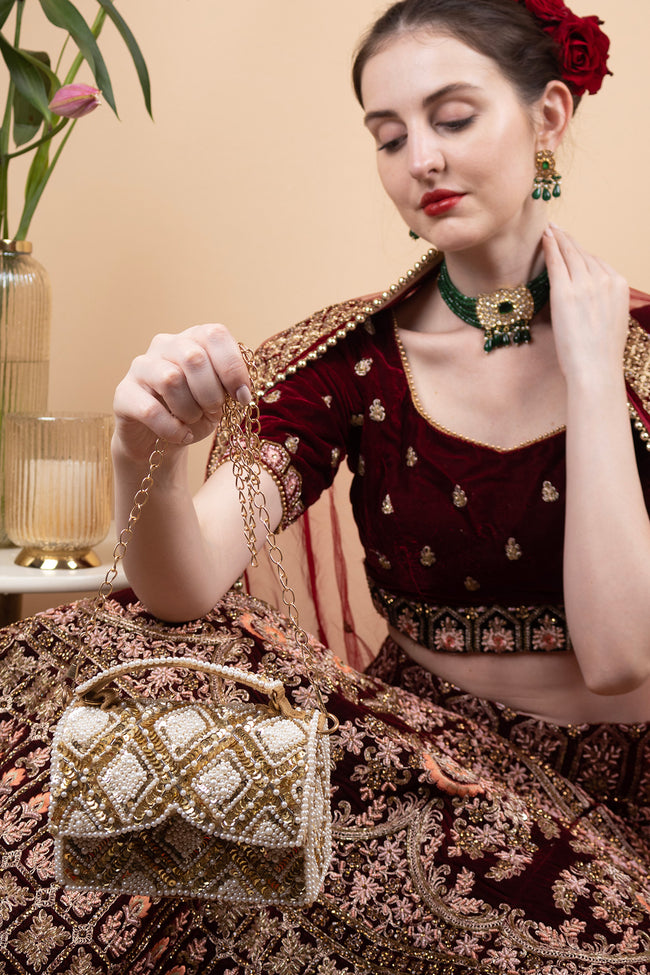 Gold Pearl & Sequin Handcrafted Box Clutch Bag Hover Image