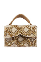 Handcrafted clutch bag with pearl and sequin geometric design structured silhouette short handle and detachable chain for wedding and festive wear