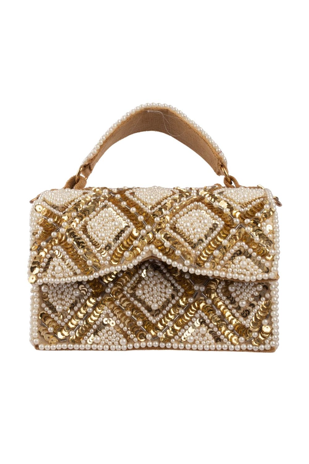 Handcrafted clutch bag with pearl and sequin geometric design structured silhouette short handle and detachable chain for wedding and festive wear