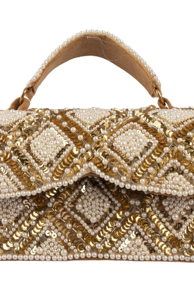Handcrafted clutch bag with pearl and sequin geometric design structured silhouette short handle and detachable chain for wedding and festive wear