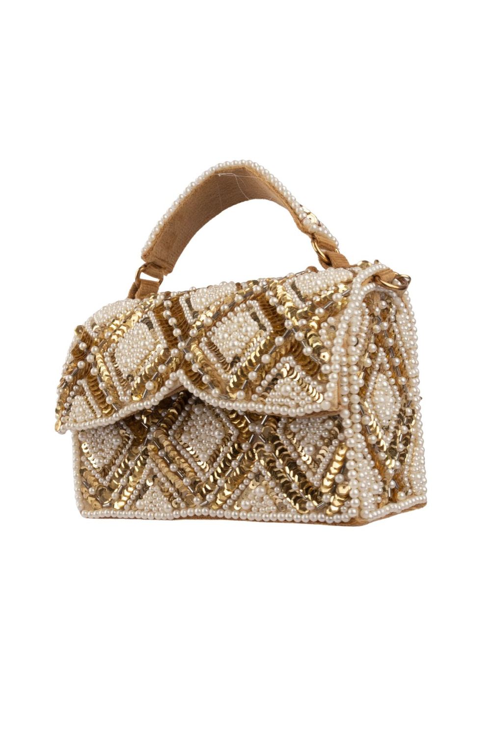 Handcrafted clutch bag with pearl and sequin geometric design structured silhouette short handle and detachable chain for wedding and festive wear