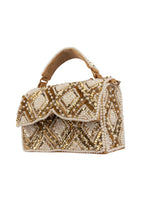 Handcrafted clutch bag with pearl and sequin geometric design structured silhouette short handle and detachable chain for wedding and festive wear