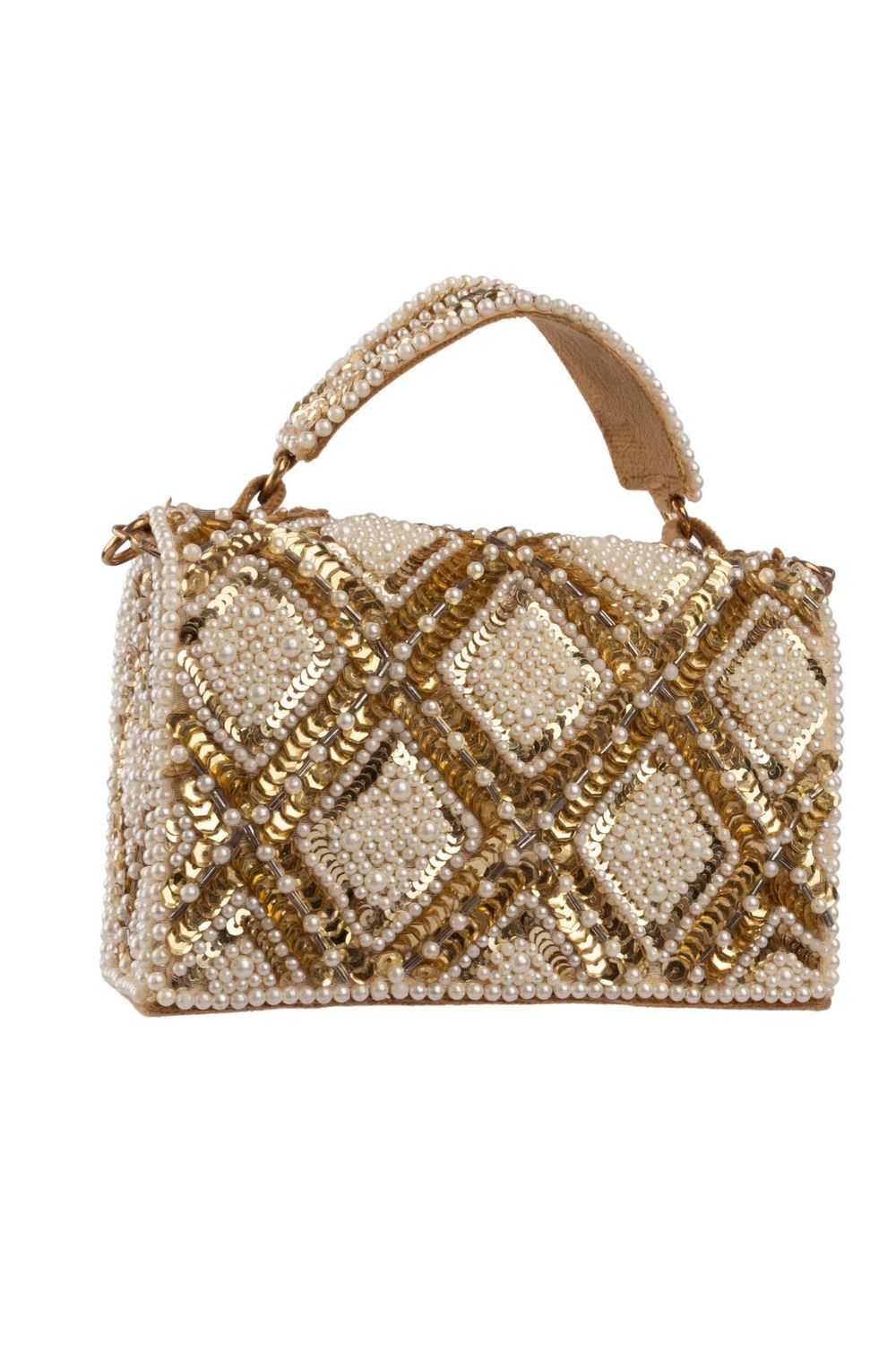 Handcrafted clutch bag with pearl and sequin geometric design structured silhouette short handle and detachable chain for wedding and festive wear