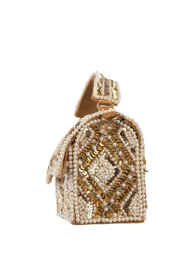 Handcrafted clutch bag with pearl and sequin geometric design structured silhouette short handle and detachable chain for wedding and festive wear