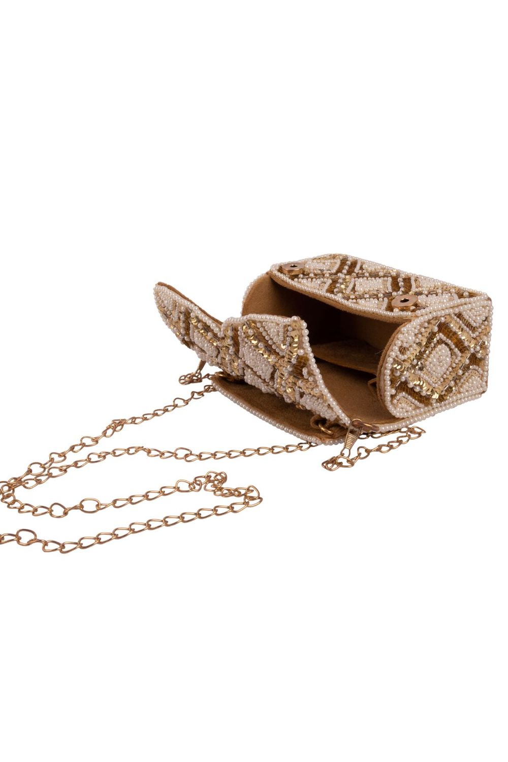 Handcrafted clutch bag with pearl and sequin geometric design structured silhouette short handle and detachable chain for wedding and festive wear