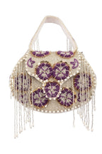 Silver hand-embellished clutch bag with cutdana pearl crystal and sequin work with chain strap for wedding and festive wear