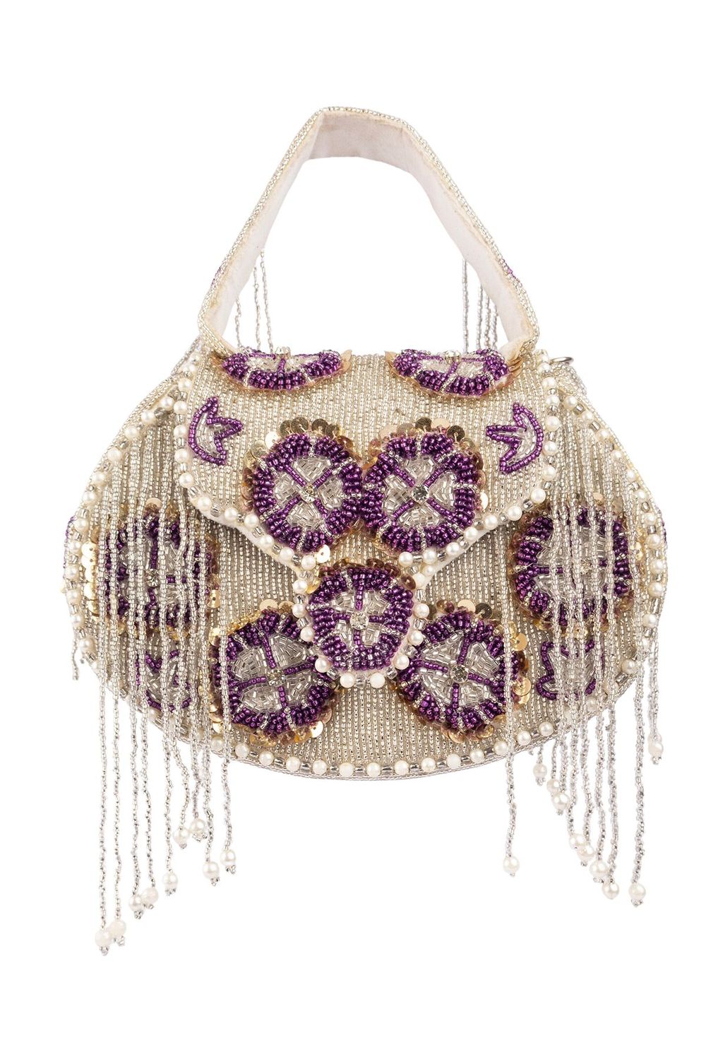 Silver hand-embellished clutch bag with cutdana pearl crystal and sequin work with chain strap for wedding and festive wear