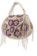 Silver hand-embellished clutch bag with cutdana pearl crystal and sequin work with chain strap for wedding and festive wear