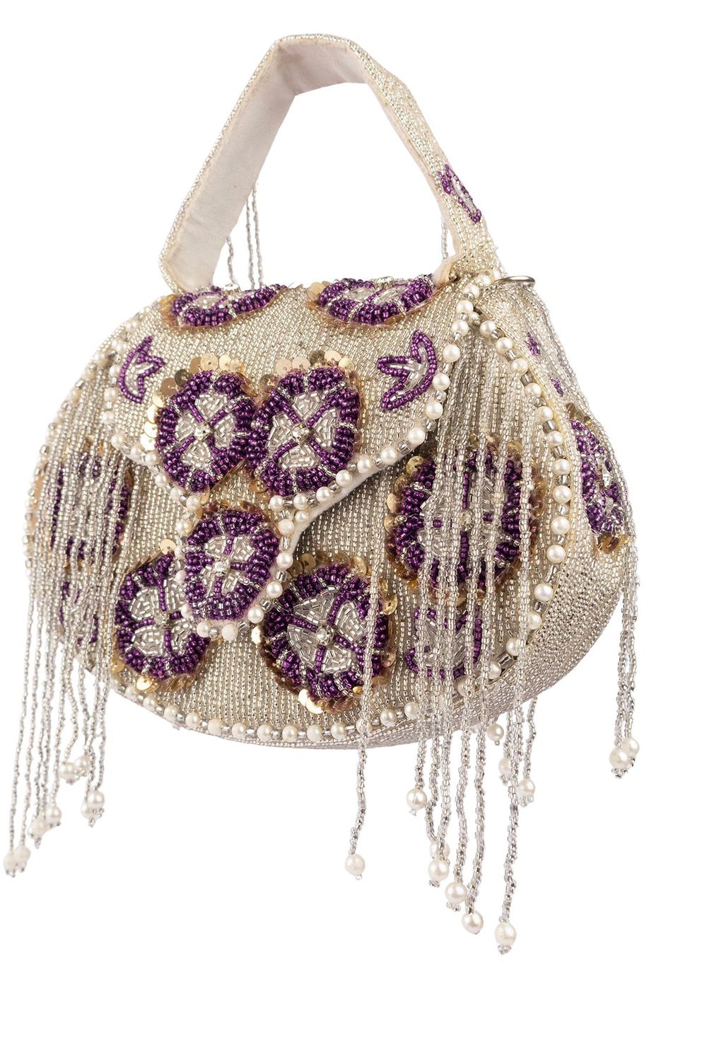 Silver hand-embellished clutch bag with cutdana pearl crystal and sequin work with chain strap for wedding and festive wear