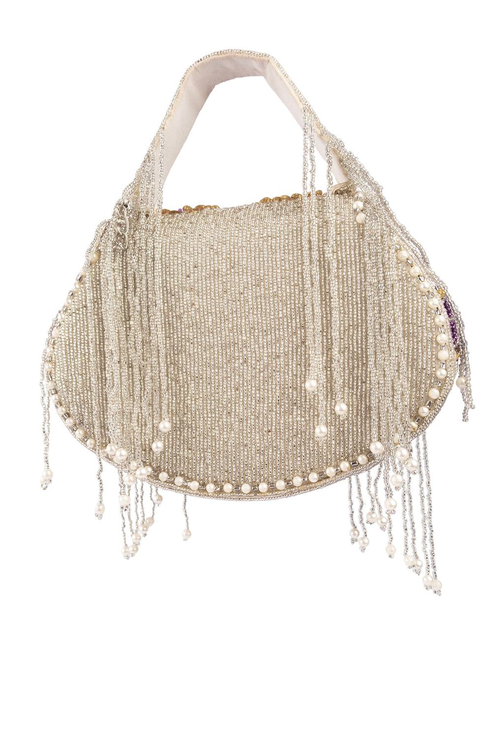 Silver hand-embellished clutch bag with cutdana pearl crystal and sequin work with chain strap for wedding and festive wear
