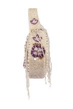 Silver hand-embellished clutch bag with cutdana pearl crystal and sequin work with chain strap for wedding and festive wear