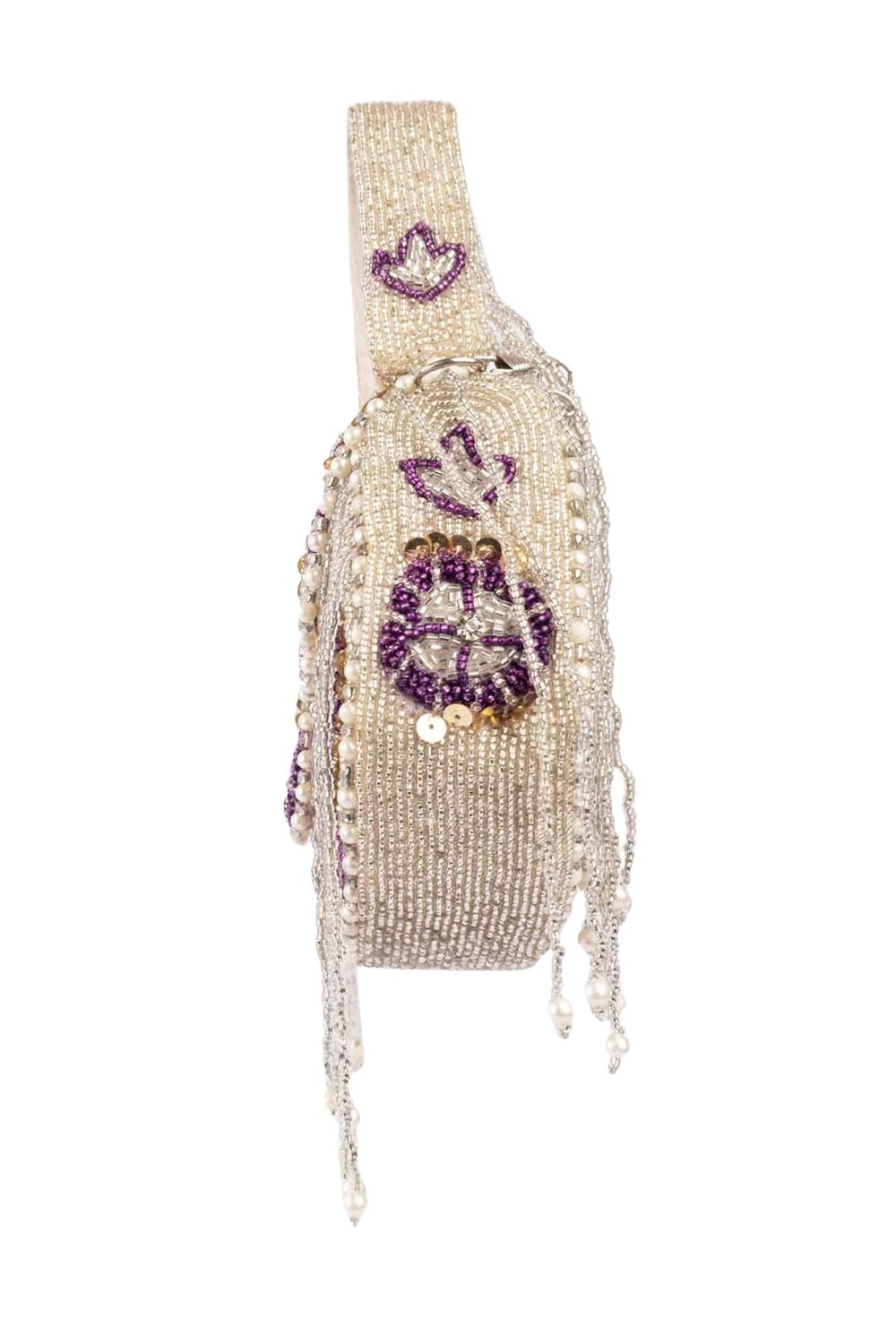 Silver hand-embellished clutch bag with cutdana pearl crystal and sequin work with chain strap for wedding and festive wear