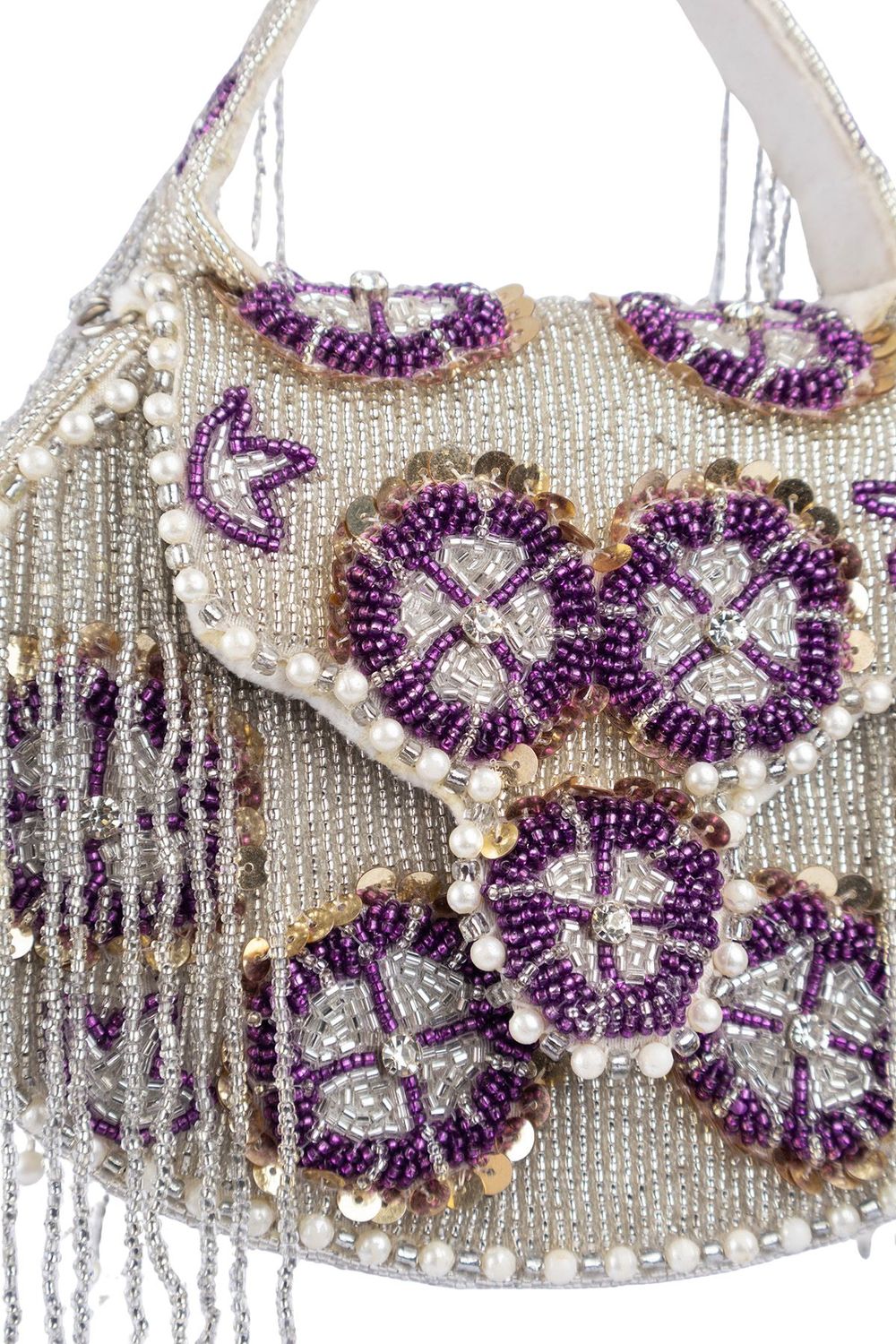 Silver hand-embellished clutch bag with cutdana pearl crystal and sequin work with chain strap for wedding and festive wear