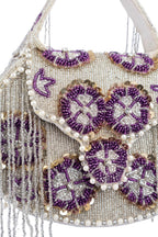 Silver hand-embellished clutch bag with cutdana pearl crystal and sequin work with chain strap for wedding and festive wear