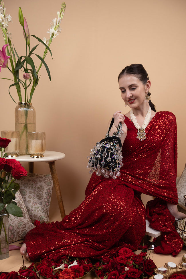 Black Velvet Potli Bag with Big Crystal Main Image