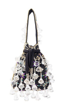 Black velvet potli bag with crystal dangling stones and bead embellishments for wedding and festive wear