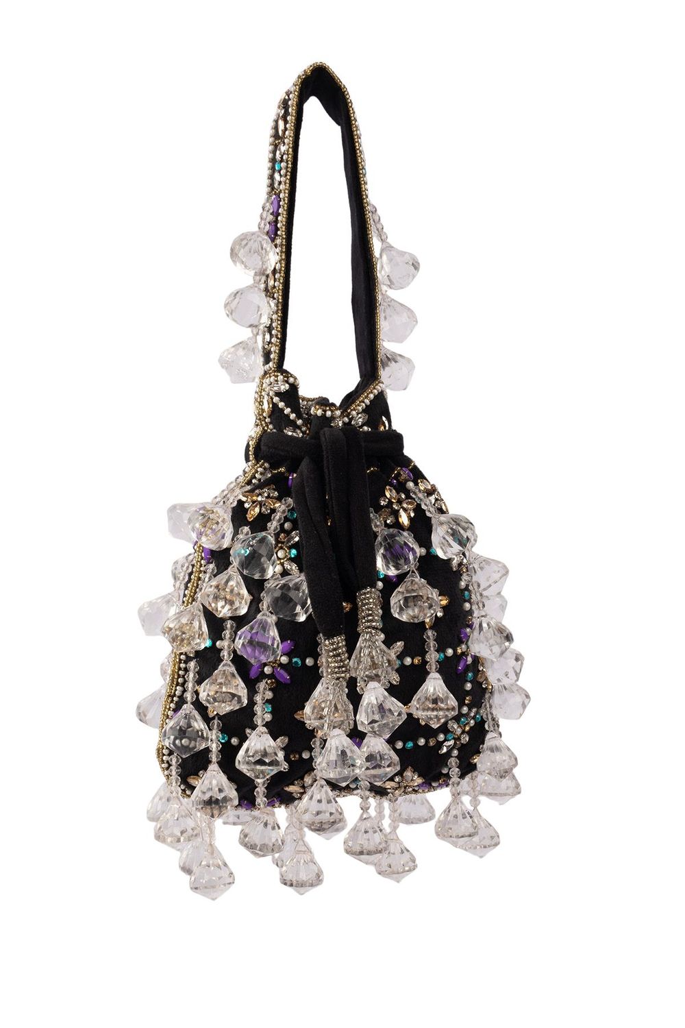 Black velvet potli bag with crystal dangling stones and bead embellishments for wedding and festive wear