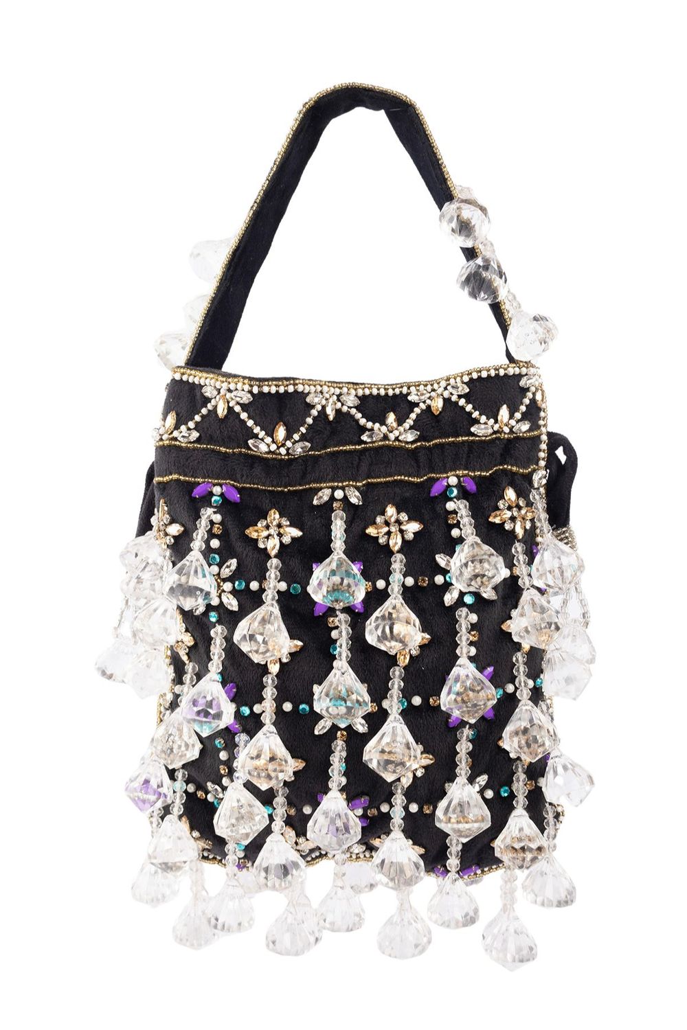 Black velvet potli bag with crystal dangling stones and bead embellishments for wedding and festive wear